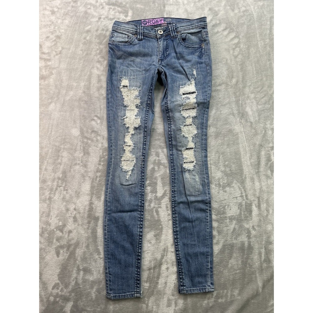 Roxy Y2K Super Skinny Jeans Womens/Girls Sz 1 Blue Distressed Stretch Low Rise
